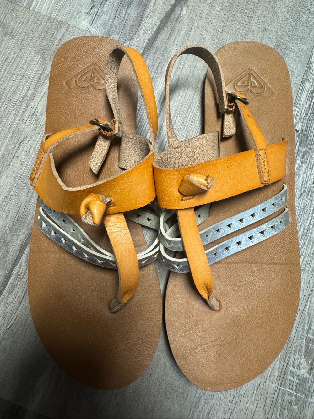 Roxy Women's Tan and Orange Leather Toe-Loop Sandals with Silver Trim